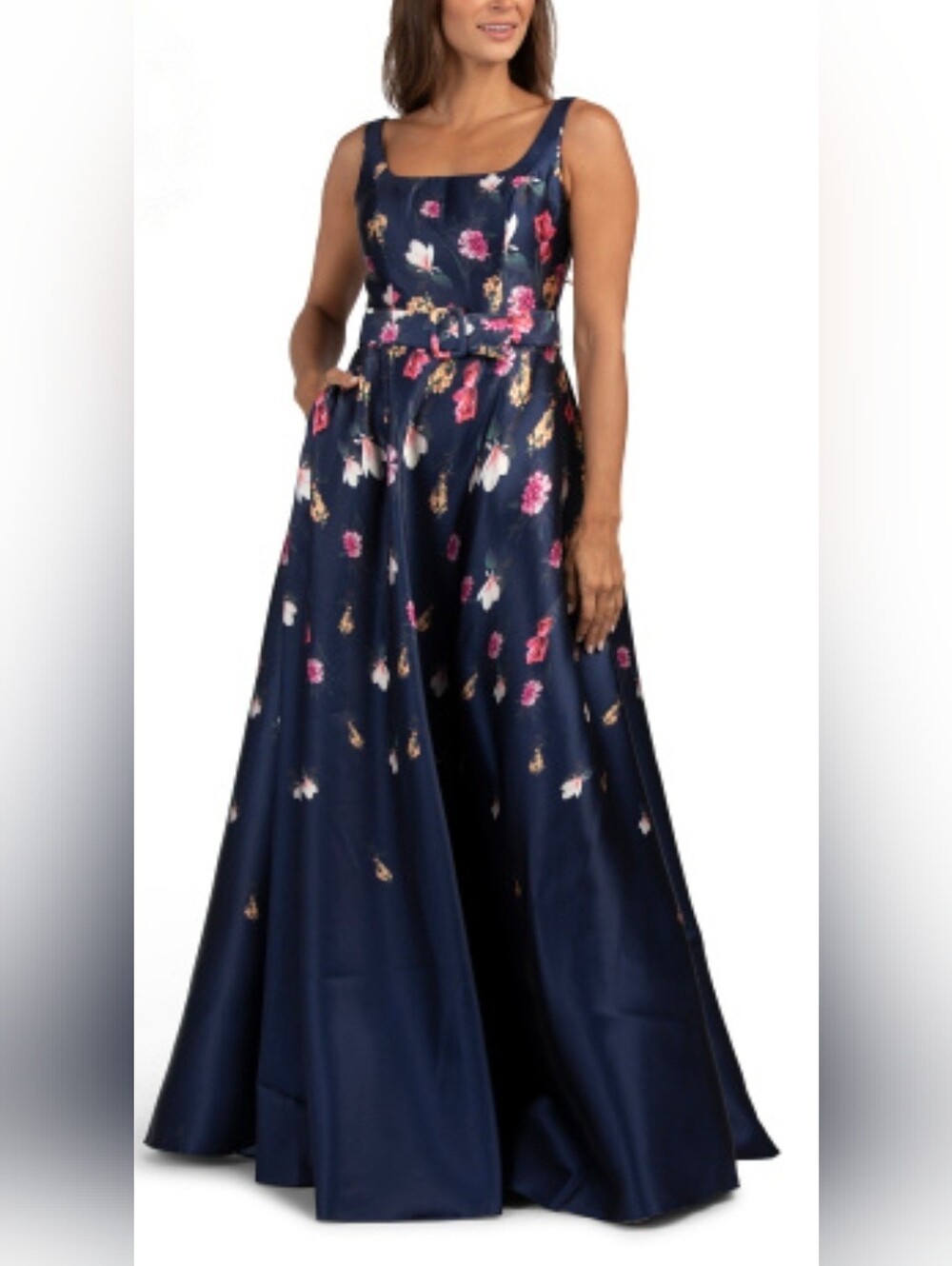 Rene Ruiz Sleeveless Navy Floral Makado Belted Ball Gown